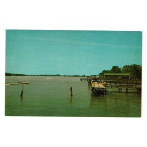 Vintage Moon Lake Mississippi River Postcard Deep South Boat Dock Fishing Boat